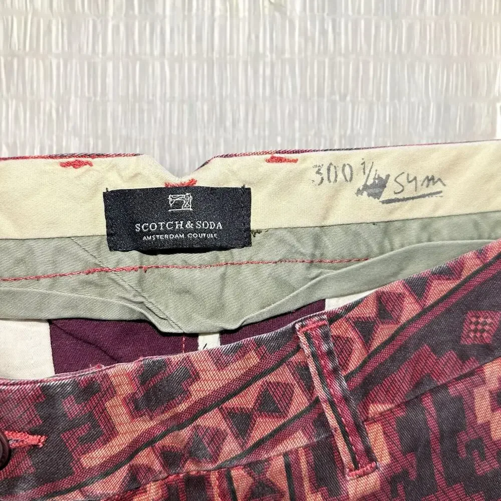 Scotch & Soda Men’s Aztec Print Pink Slim Fit Pants - Size 34x34